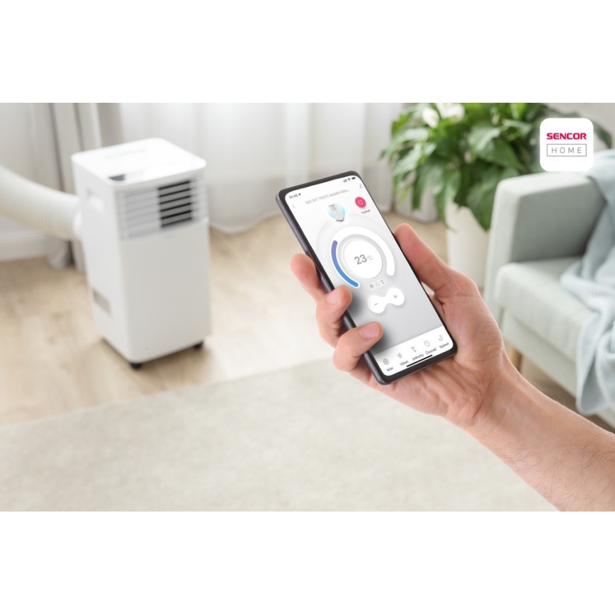 Sencor - Acondicionador de aire móvil con pantalla LCD 3en1 930W/230V 7000 BTU Wi-Fi blanco + mando a distancia