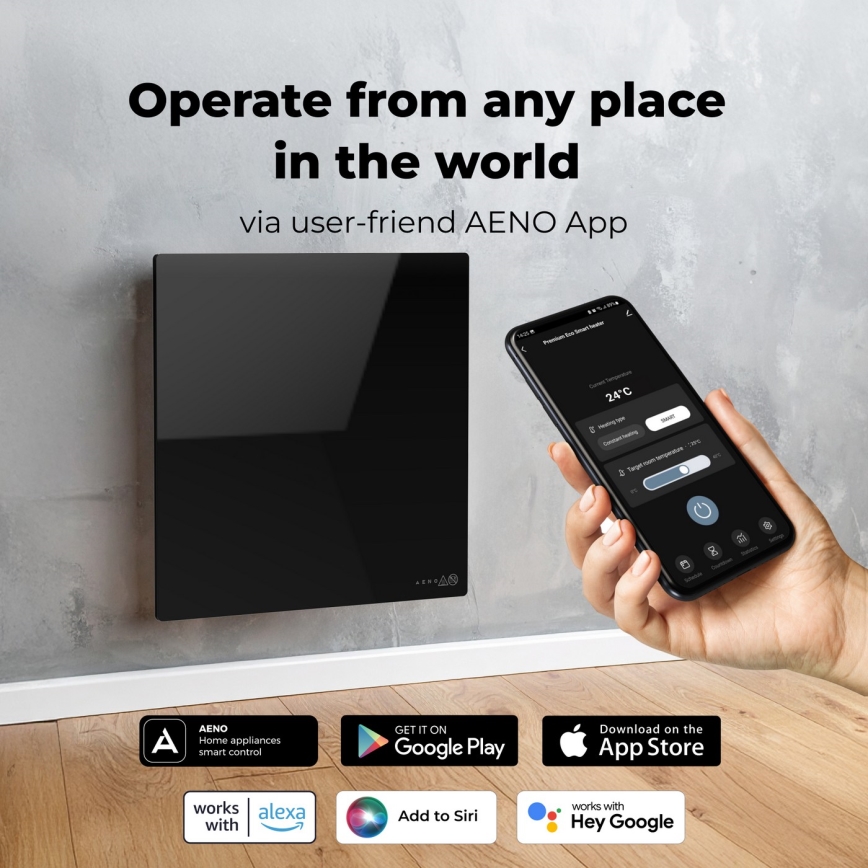 AENO - Panel calefactor infrarrojo eléctrico inteligente 500 W con temporizador y termostato, Wi-Fi, negro