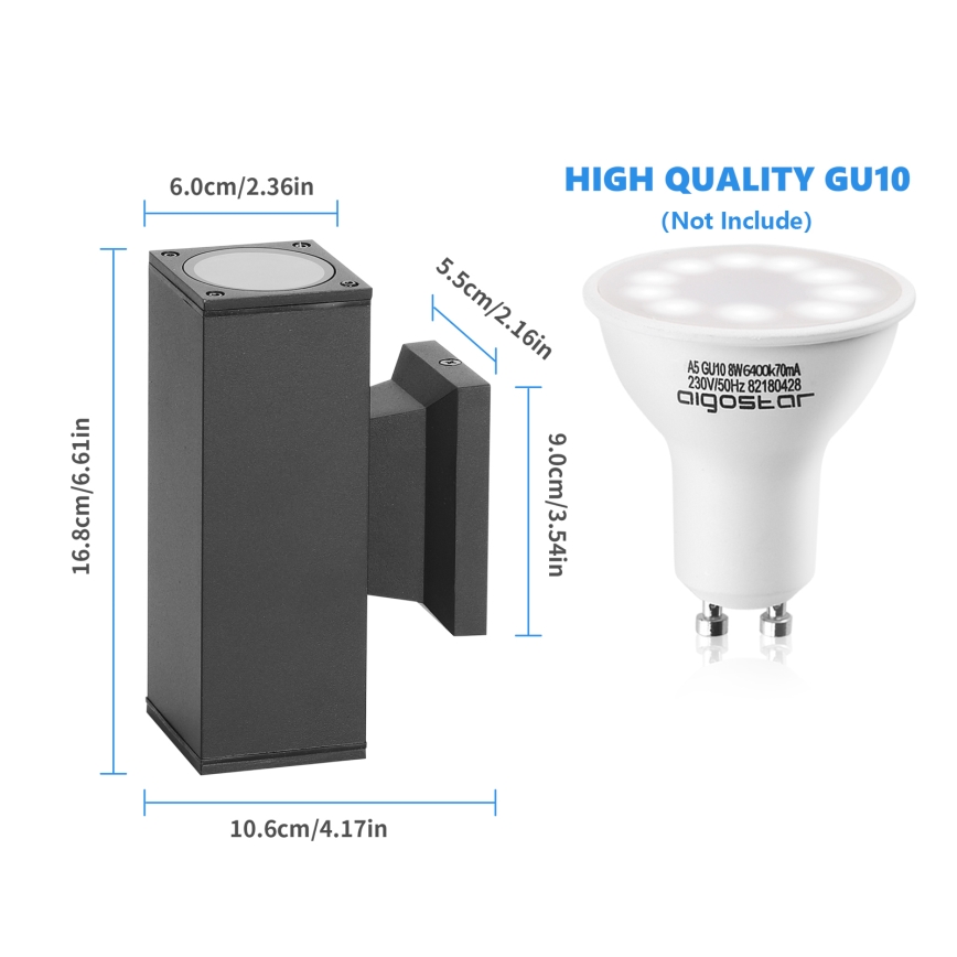 Aigostar - Aplique de exterior 2xGU10/230V negro IP65 cuadrado
