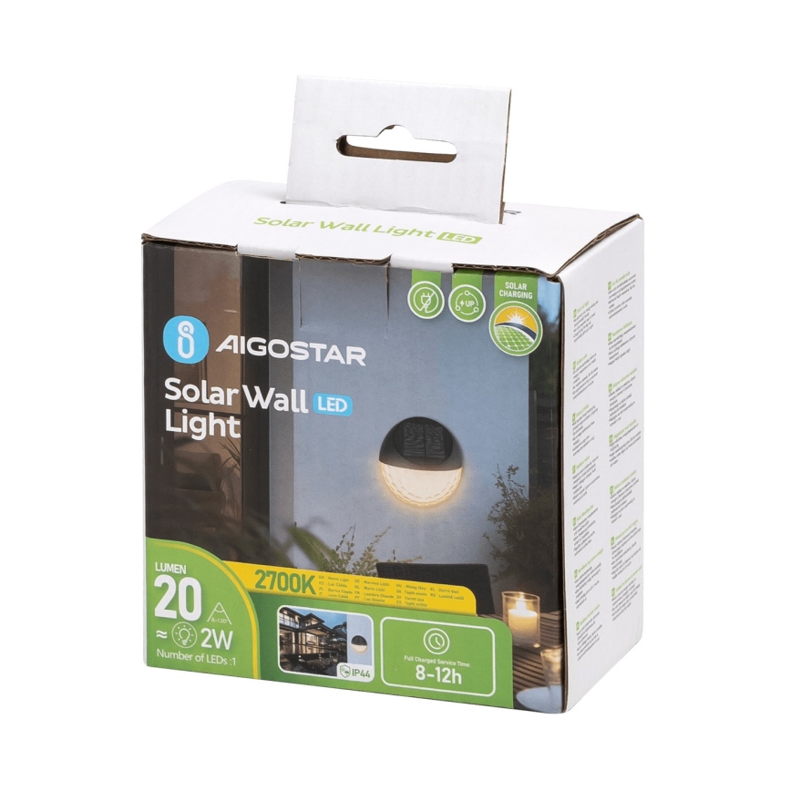 Aigostar - Aplique LED solar LED/2W/1,2V negro 300 mAh 2700K IP44