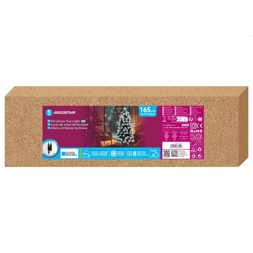 Aigostar - Árbol de Navidad LED para exterior 165 LEDs/8 funciones 1,5 m IP44 blanco frío