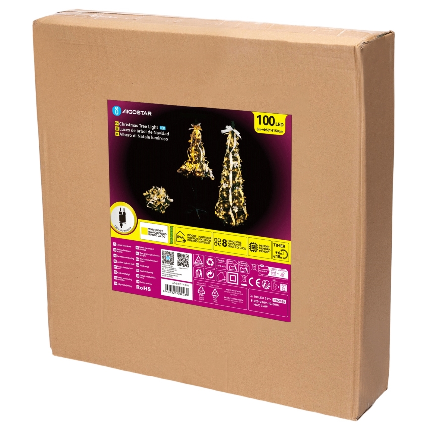 Aigostar - Árbol navideño LED para exterior 100 LEDs, 1,5 m, IP44, blanco/dorado, luz blanca cálida