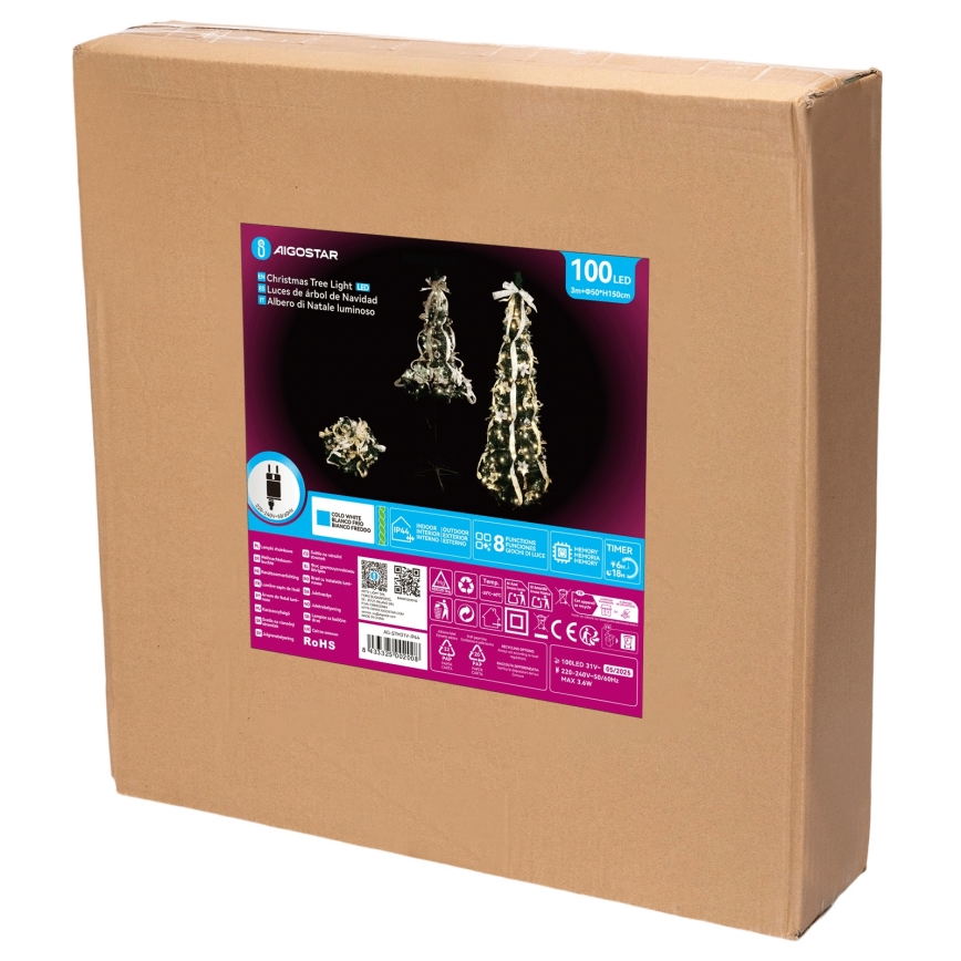 Aigostar - Árbol de Navidad LED para exterior 100 LEDs 1,5 m IP44 blanco/dorado, luz blanca fría