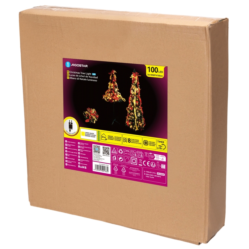 Aigostar - Árbol de Navidad LED para exterior, 100 LED, 1,5 m, IP44, rojo/dorado, blanco cálido