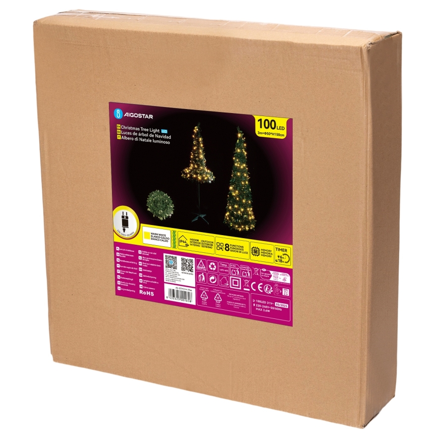 Aigostar - Árbol de Navidad LED para exterior, 100 LEDs, 1,5 m, IP44, verde, blanco cálido