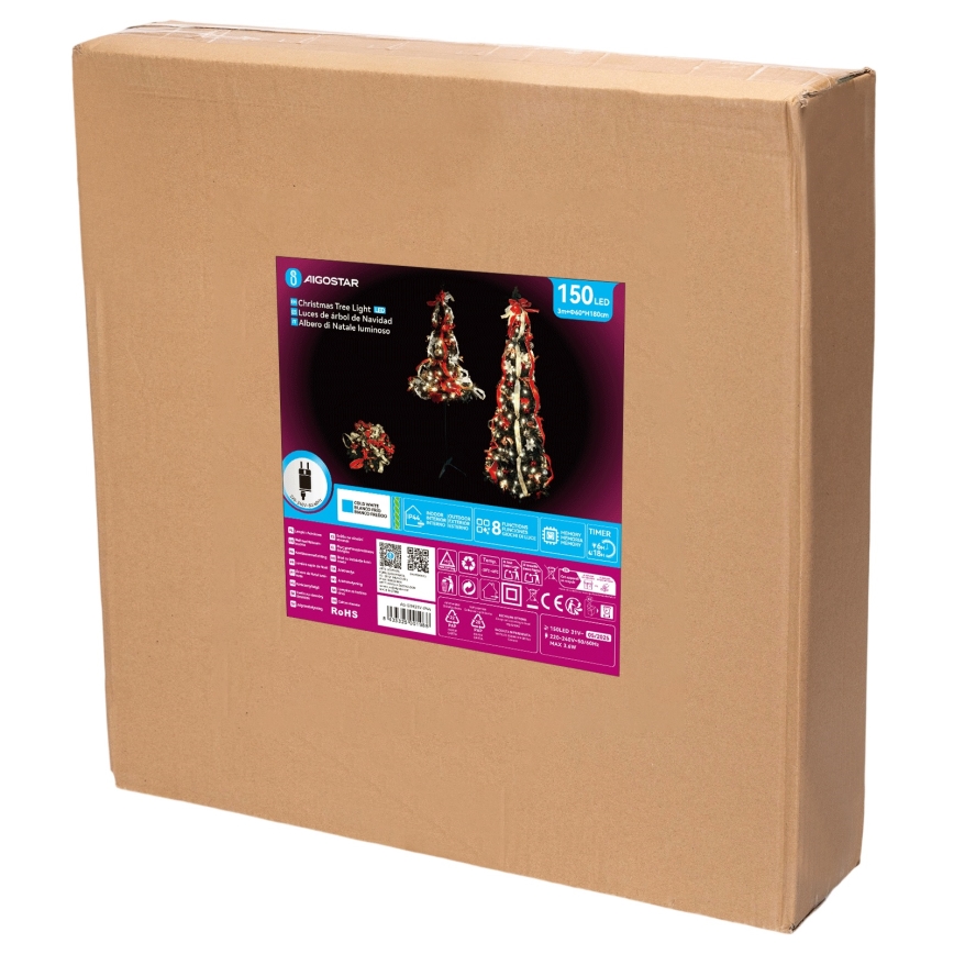 Aigostar - Árbol navideño LED para exterior, 150 LEDs, 1,8 m, IP44, rojo y blanco frío