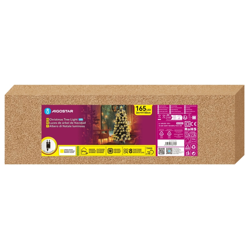 Aigostar - Árbol de Navidad exterior LED 165 LEDs/8 funciones 1,5 m IP44 blanco cálido