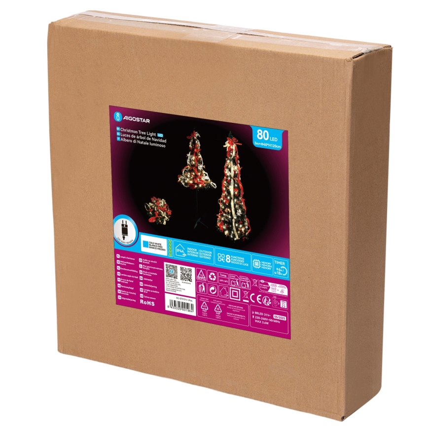 Aigostar - Árbol de Navidad LED para exterior 80 LEDs 1,2m IP44 rojo y blanco frío