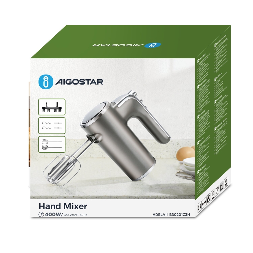 Aigostar - Batidora de mano 400W/230V gris/cromo mate