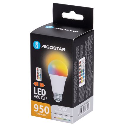 Aigostar - Bombilla LED RGBW regulable A60 E27/10W/230V 3000K + mando a distancia
