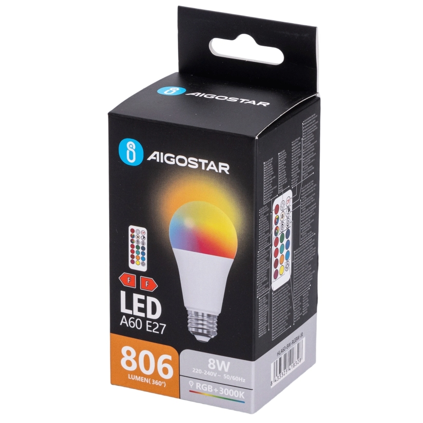 Aigostar - Bombilla LED RGBW regulable A60 E27/8W/230V 3000K + mando a distancia