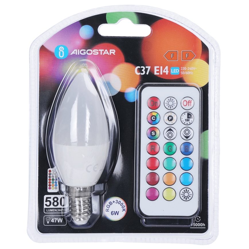 Aigostar - Bombilla LED RGBW regulable C37 E14/6W/230V 3000K + mando a distancia