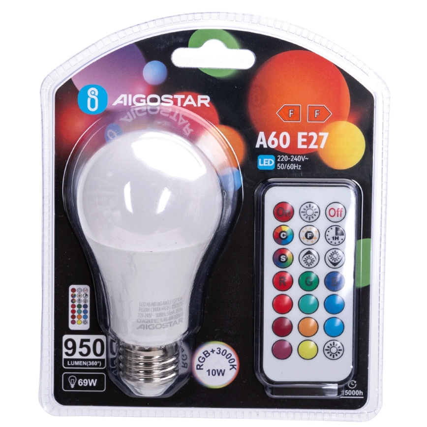 Aigostar - Bombilla LED RGBW regulable E27/10W/230V 3000K + mando a distancia