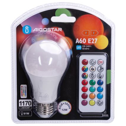Aigostar - Bombilla LED RGBW regulable E27/12W/230V 3000K + mando a distancia