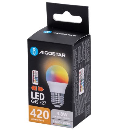 Aigostar - Bombilla LED RGBW regulable G45 E27/4,8W/230V 3000K + mando a distancia