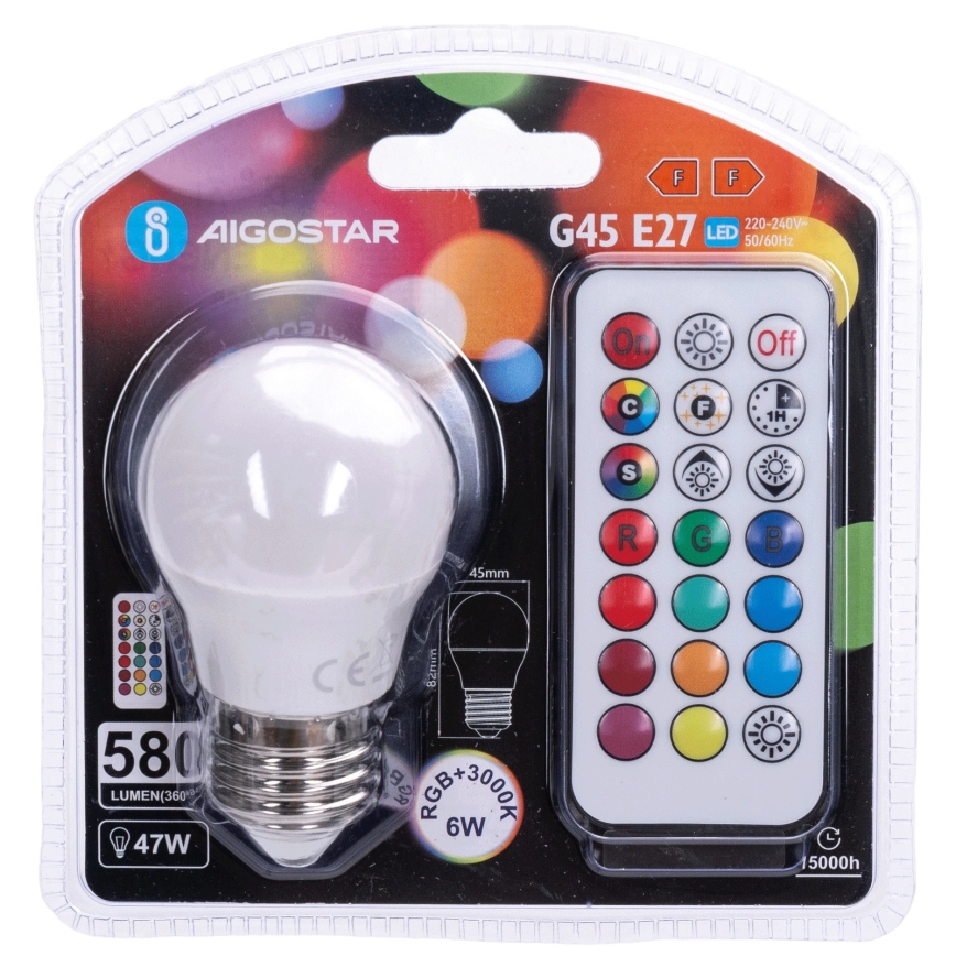 Aigostar - Bombilla LED RGBW regulable G45 E27/6W/230V 3000K + mando a distancia