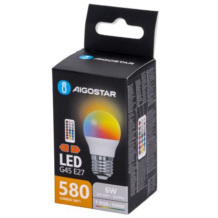 Aigostar - Bombilla LED RGBW regulable G45 E27/6W/230V 3000K + mando a distancia