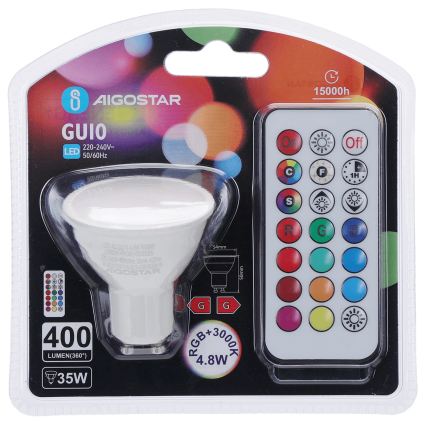 Aigostar - Bombilla LED RGBW regulable GU10/4,8W/230V 3000K + control remoto