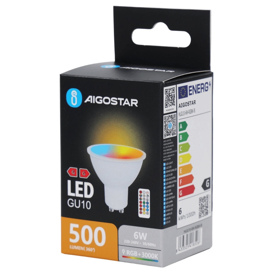 Aigostar - Bombilla LED RGBW regulable GU10/6W/230V 3000K + mando a distancia