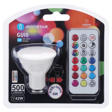 Aigostar - Bombilla LED RGBW regulable GU10/6W/230V 3000K + mando a distancia