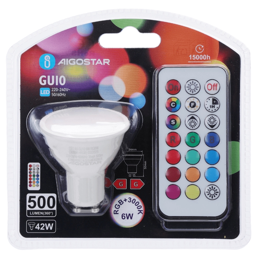 Aigostar - Bombilla LED RGBW regulable GU10/6W/230V 3000K + mando a distancia