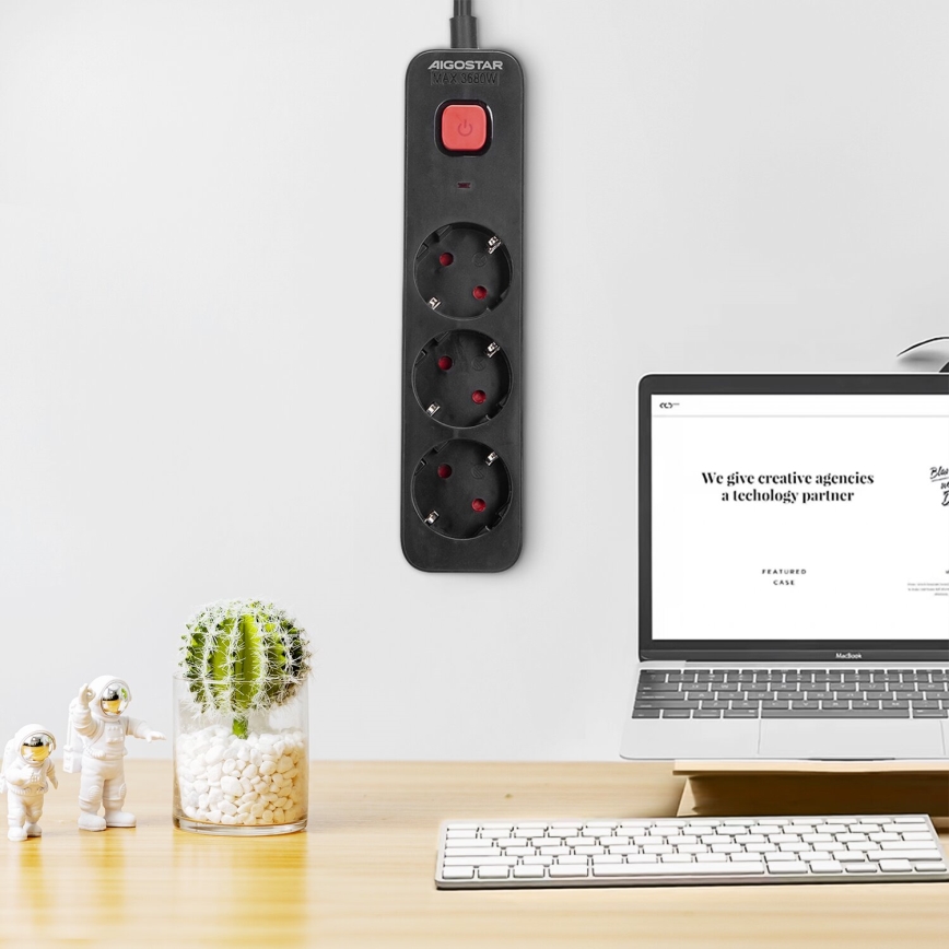 Aigostar - Cable de extensión con interruptor 3G Tipo F 1,5m SCHUKO negro