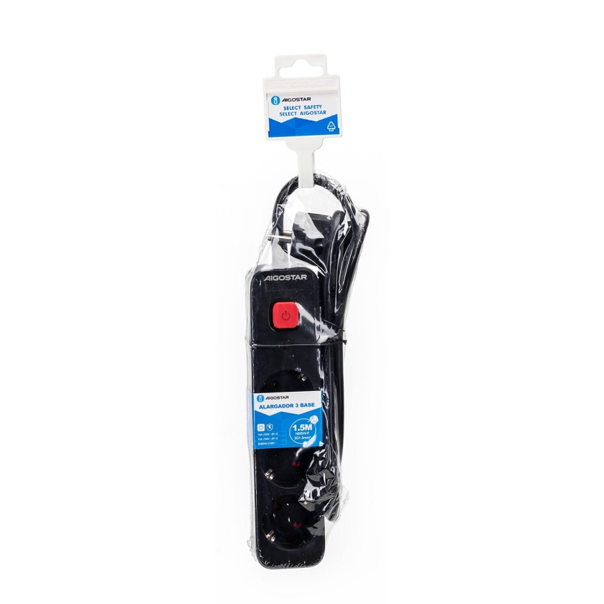 Aigostar - Cable de extensión con interruptor 3G Tipo F 1,5m SCHUKO negro