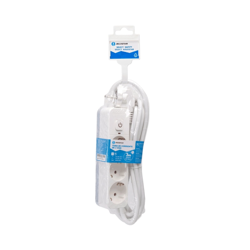 Aigostar - Cable de extensión con interruptor 3G Tipo F 3m SCHUKO blanco