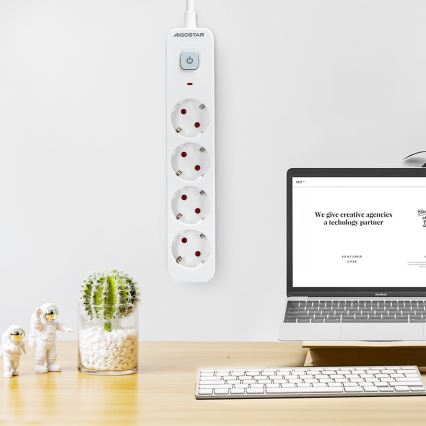 Aigostar - Cable de extensión con interruptor 4Z Tipo F 1,5m SCHUKO blanco