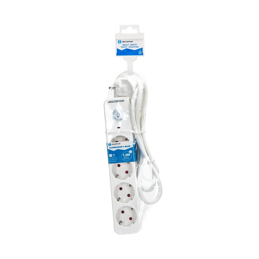 Aigostar - Cable de extensión con interruptor 4Z Tipo F 1,5m SCHUKO blanco