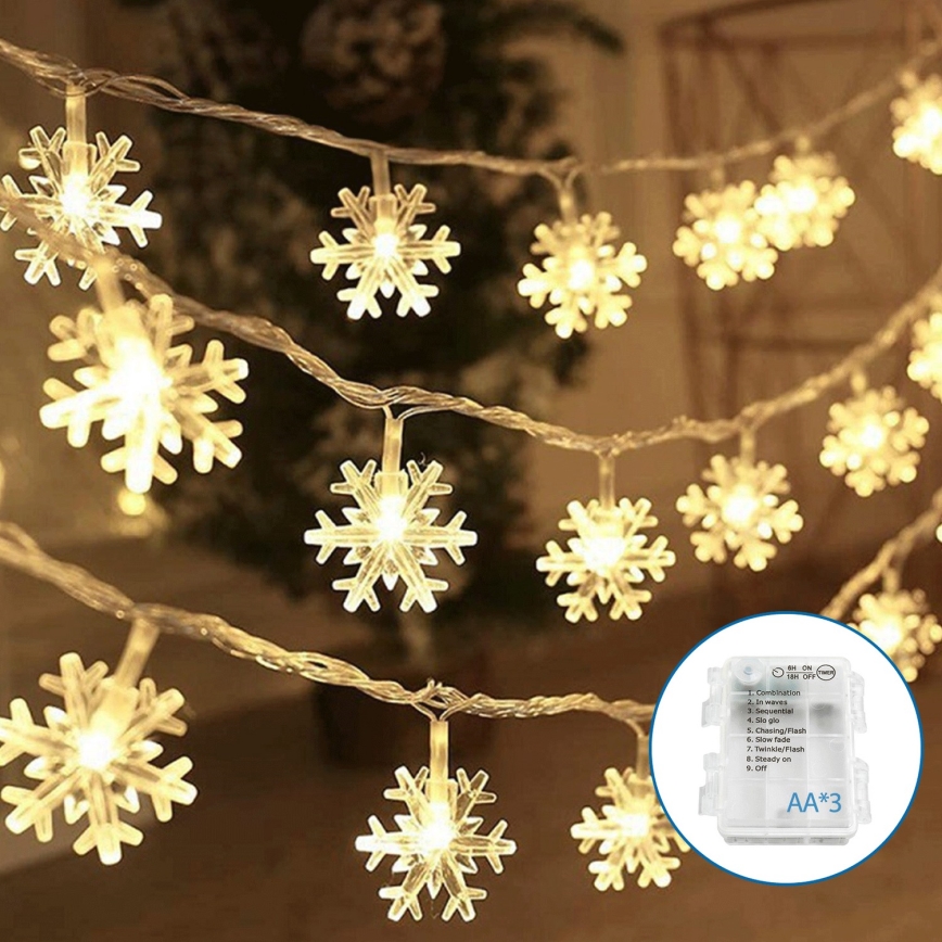 Aigostar - Cadena de luces de Navidad LED 20xLED/3xAA 3,3m copos de nieve