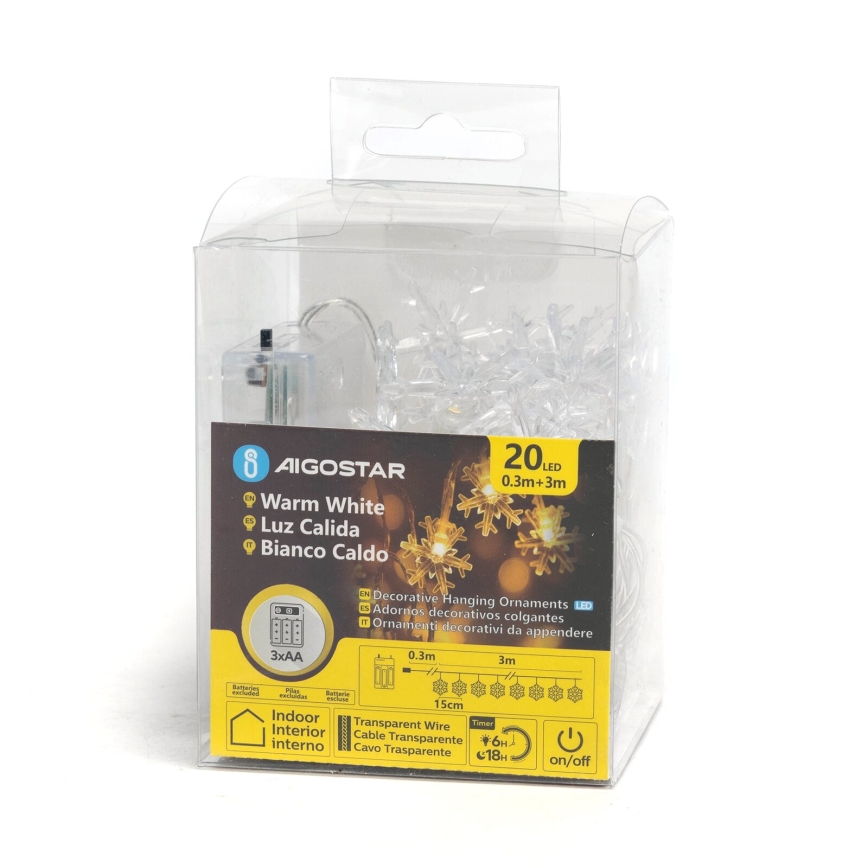 Aigostar - Cadena de luces de Navidad LED 20xLED/3xAA 3,3m copos de nieve