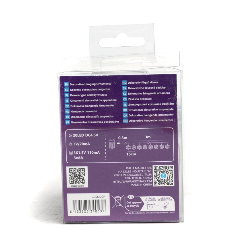 Aigostar - Cadena de luces de Navidad LED 20xLED/3xAA 3,3m copos de nieve
