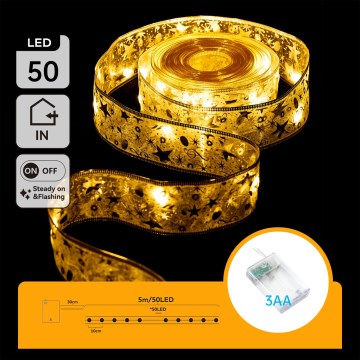 Aigostar - Cadena de luces LED 50 LEDs, 5 m, alimentada por 3 pilas AA, blanco cálido, color dorado
