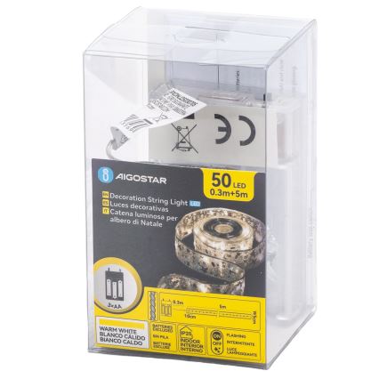 Aigostar - Guirnalda LED 50xLED/3xAA, 5 m, blanco cálido, plateada