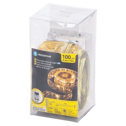 Aigostar - Guirnalda LED navideña 100 LEDs, 3xAA, 10 m, blanco cálido, dorado