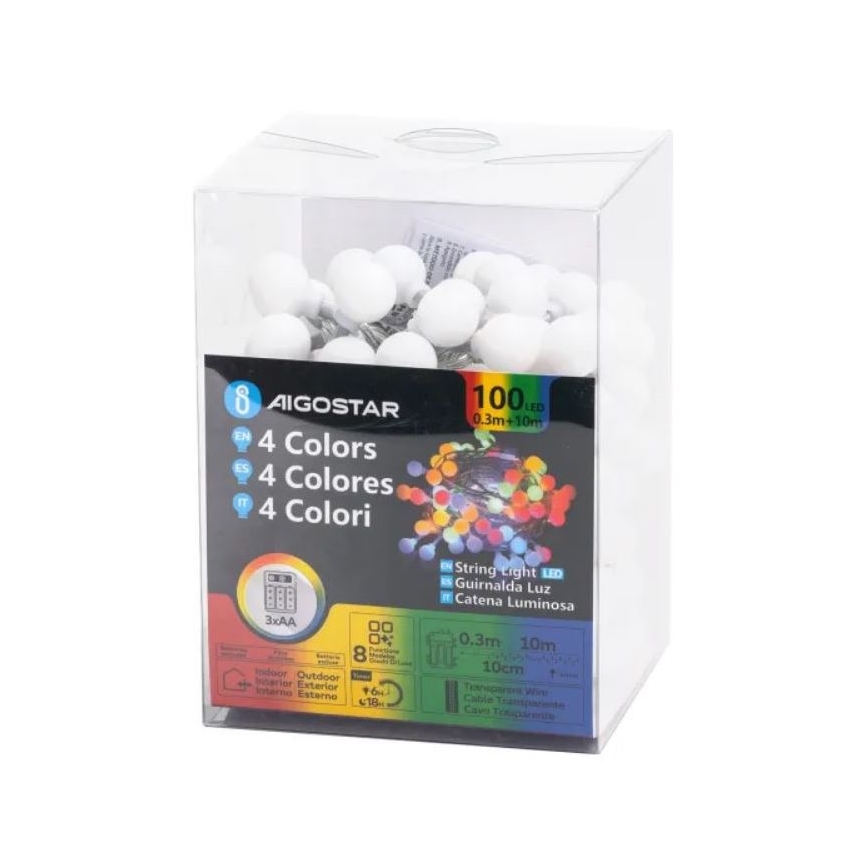 Aigostar - LED guirnalda navideña para exteriores 100xLED/3xAA/8 funciones 10,3 m IP44 multicolor