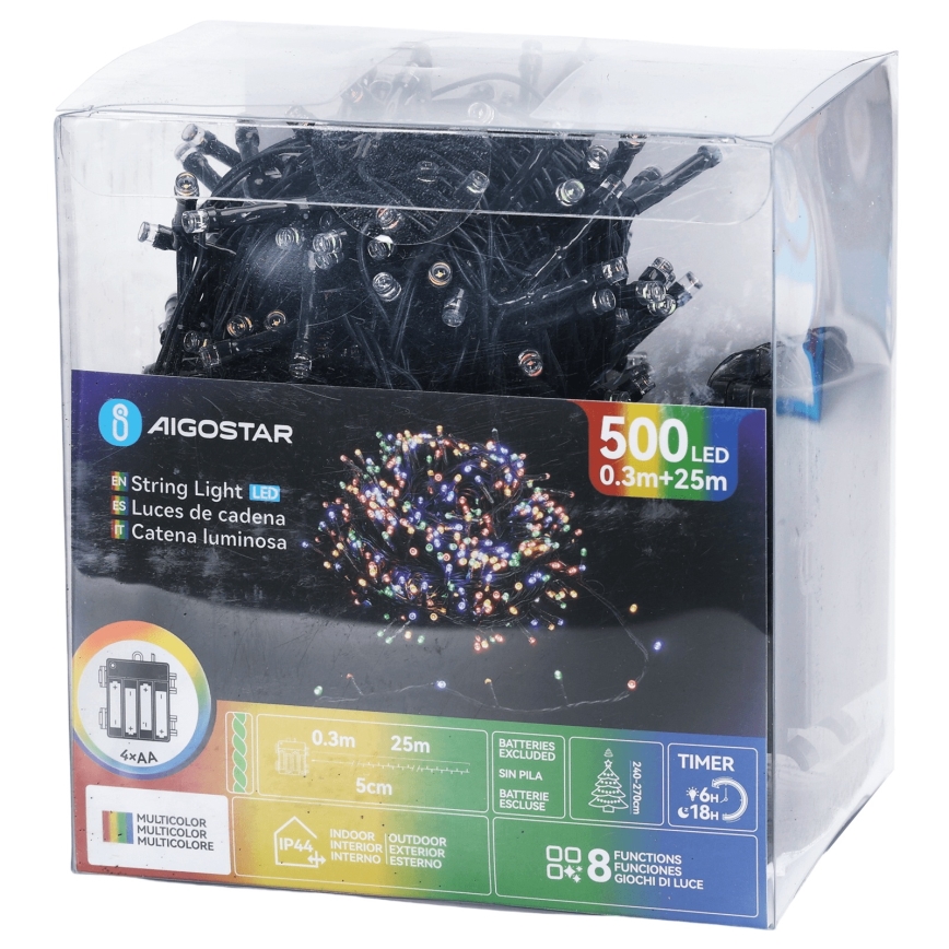 Aigostar - Guirnalda LED de Navidad para exterior 500 LEDs/8 funciones 4xAA 25,3 m IP44 multicolor