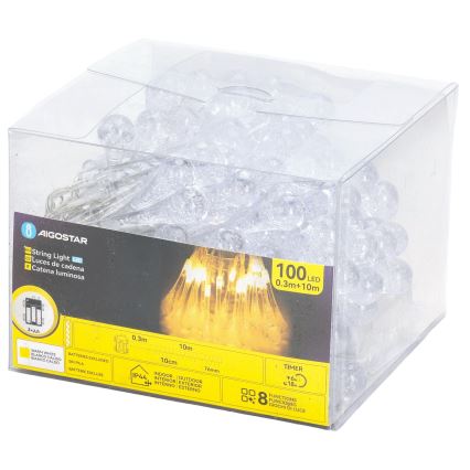Aigostar - Guirnalda navideña LED para exterior 100xLED/8 funciones 3xAA 10 m IP44 blanco cálido gotas