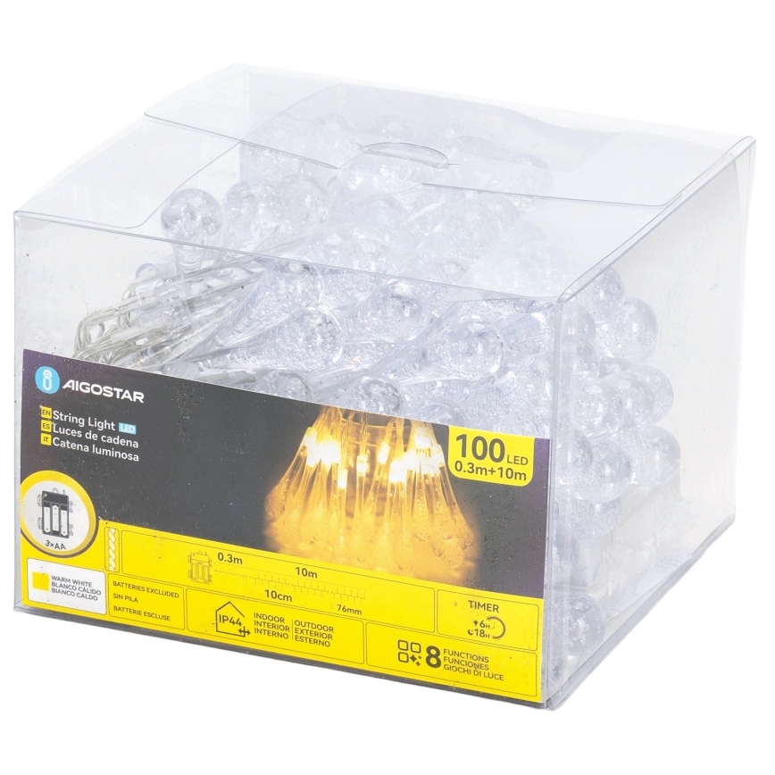 Aigostar - Guirnalda navideña LED para exterior 100xLED/8 funciones 3xAA 10 m IP44 blanco cálido gotas