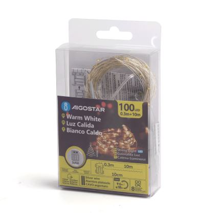 Aigostar - Cadena de luces LED para exterior, 100 LEDs / 8 funciones, 3xAA, 10,3 m, IP44, blanco cálido