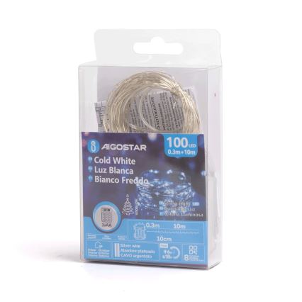 Aigostar - Cadena de luces LED para exterior 100xLED/8 funciones/3xAA 10,3m IP44 blanco frío