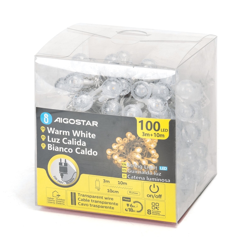 Aigostar - Cadena de luces LED para exterior 100xLED/8 funciones 13m IP44 blanco cálido
