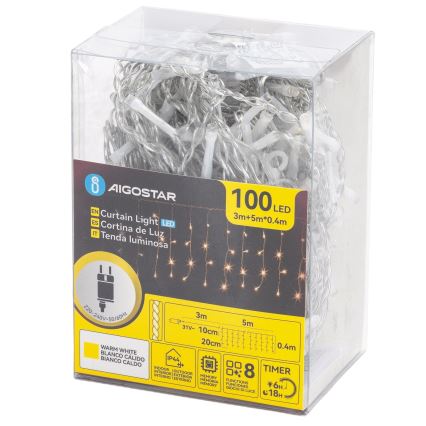 Aigostar - Cadena de luces LED para exterior 100xLED/8 funciones 5x0,4m IP44 blanco cálido