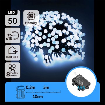 Aigostar - Cadena de luces LED para exterior 50 LEDs/8 funciones, 3 pilas AA, 5,3 m, IP44, blanco frío