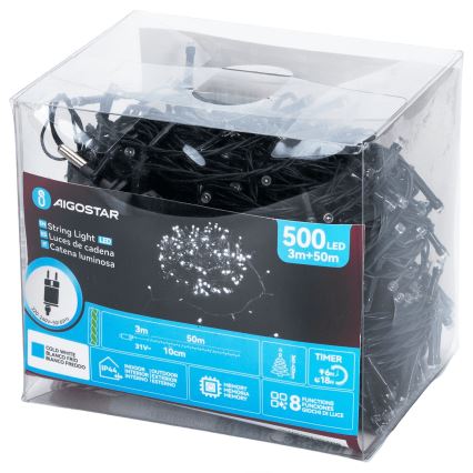 Aigostar - Cadena de luces LED para exteriores, 500 LEDs / 8 funciones, 53 m, IP44, blanco frío