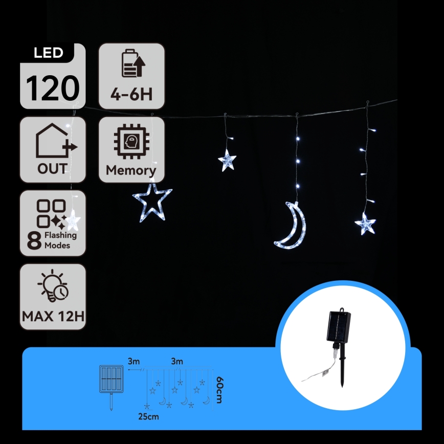 Aigostar - Cadena de luces LED solar para Navidad 120 LEDs/8 funciones 3x0,6 m 500 mAh IP65 blanco frío