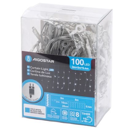 Aigostar - Cadena de luces navideña LED para exterior 100xLED/8 funciones 5x0,4m IP44 blanco frío