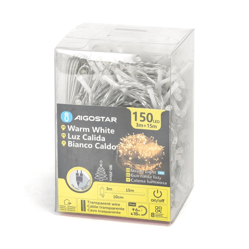 Aigostar - Cadena de luces navideña para exterior 150xLED/8 funciones 18m IP44 blanco cálido