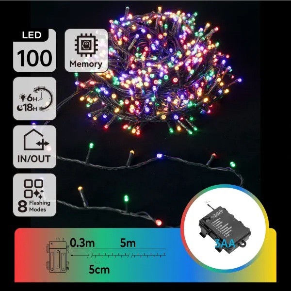 Aigostar - Cadena de luces navideñas LED para exterior 100xLED/8 funciones 3xAA 5,3 m IP44 multicolor